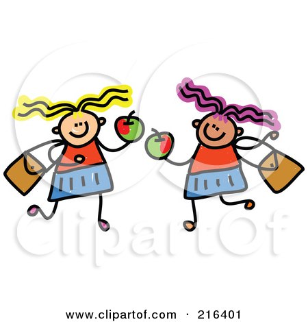 Royalty-Free (RF) Clipart Illustration of a Childs Sketch Of Two Girls Holding Apples by Prawny
