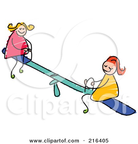 Royalty-Free (RF) Clipart Illustration of a Childs Sketch Of Girls Playing On A Teeter Totter by Prawny