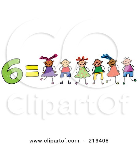 Royalty-Free (RF) Clipart Illustration of a Childs Sketch Of 6 Equals Six Kids by Prawny
