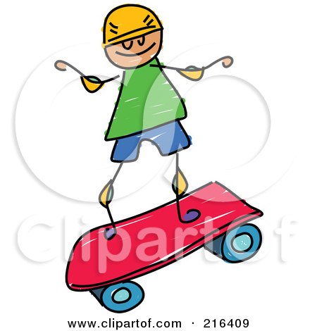Royalty-Free (RF) Clipart Illustration of a Childs Sketch Of A Boy Riding A Pink Skateboard by Prawny