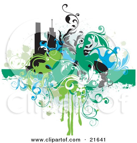 Clipart Illustration of a Grunge Background Of Blue, Green, White And Black Vines Over Silhouetted Buildings On A White Background by OnFocusMedia