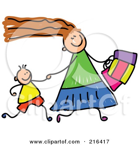 Royalty-Free (RF) Clipart Illustration of a Childs Sketch Of A Mom Shopping With Her Son by Prawny