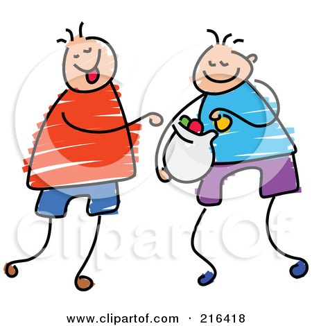 Royalty-Free (RF) Clipart Illustration of a Childs Sketch Of Boys Sharing Candy by Prawny