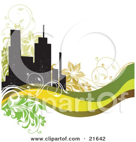 Clipart Illustration of a Website Background With Silhouetted City Buildings, Flowers, Vines And Green Waves, Over White by OnFocusMedia