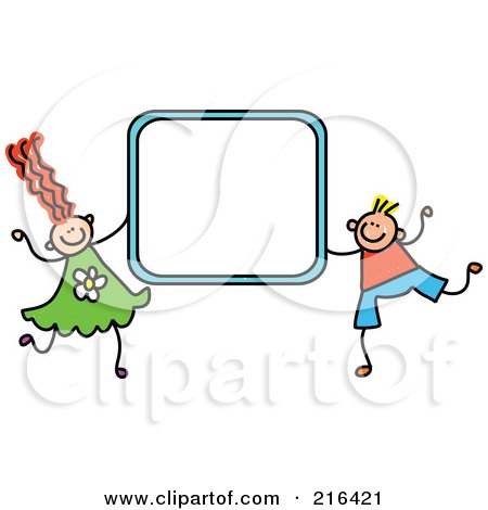 Royalty-Free (RF) Clipart Illustration of a Childs Sketch Of A Boy And Girl Holding A Blue Sign Frame by Prawny