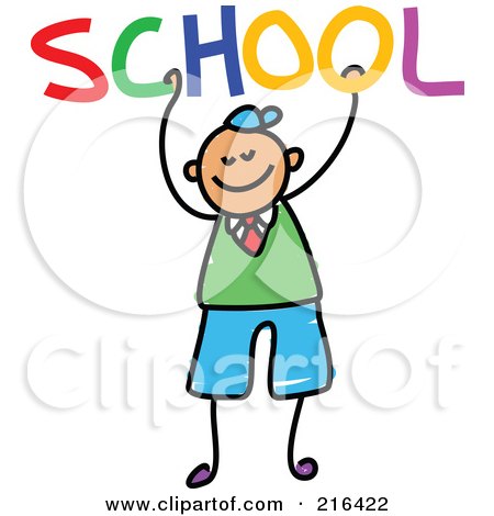 Royalty-Free (RF) Clipart Illustration of a Childs Sketch Of A School Boy Holding SCHOOL by Prawny