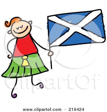 Royalty-Free (RF) Clipart Illustration of a Childs Sketch Of A Girl Holding A Scottish Flag by Prawny
