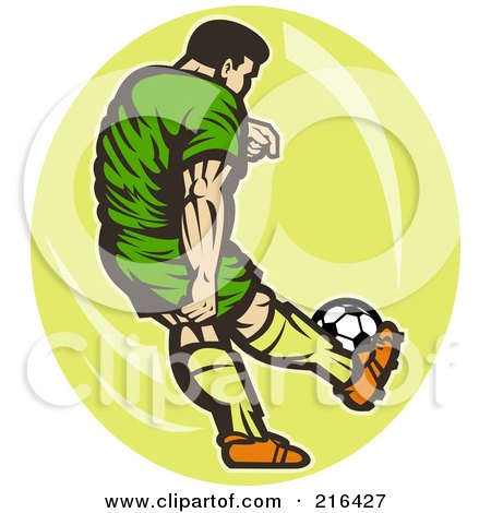 Royalty-Free (RF) Clipart Illustration of a Retro Soccer Player Over A Yellow Oval by patrimonio
