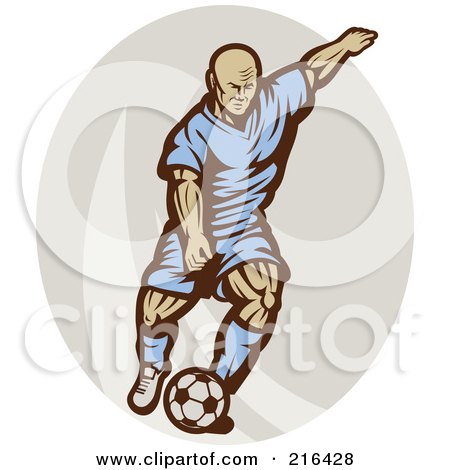 Royalty-Free (RF) Clipart Illustration of a Retro Soccer Player Running Over A Gray Oval by patrimonio