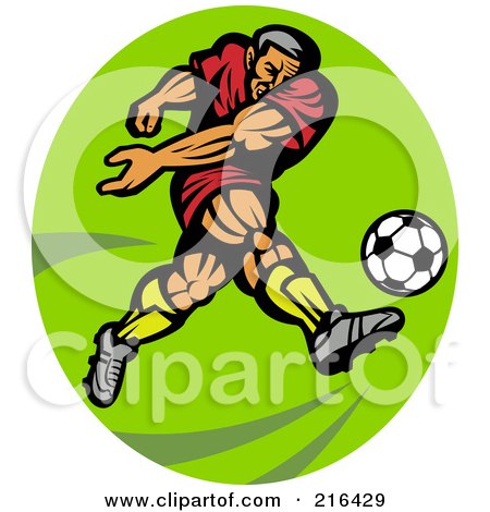 Royalty-Free (RF) Clipart Illustration of a Retro Soccer Player Over A Lime Green Oval by patrimonio