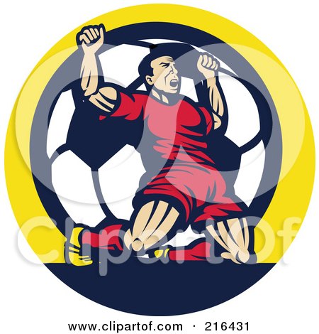 Royalty-Free (RF) Clipart Illustration of a Retro Soccer Player Celebrating Victory In Front Of A Soccer Ball by patrimonio