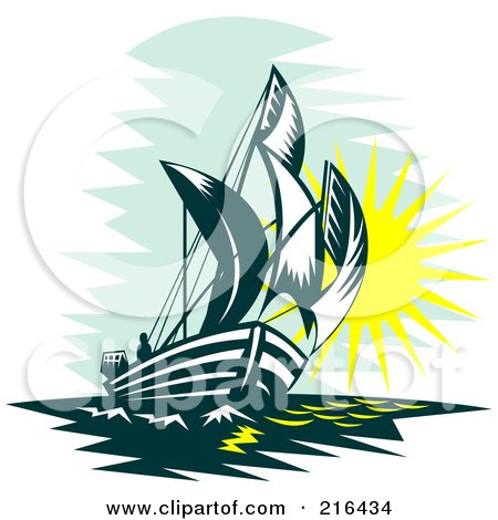 Royalty-Free (RF) Clipart Illustration of a Retro Sailboat At Sea by patrimonio