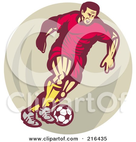 Royalty-Free (RF) Clipart Illustration of a Retro Soccer Player Over A Tan Oval by patrimonio