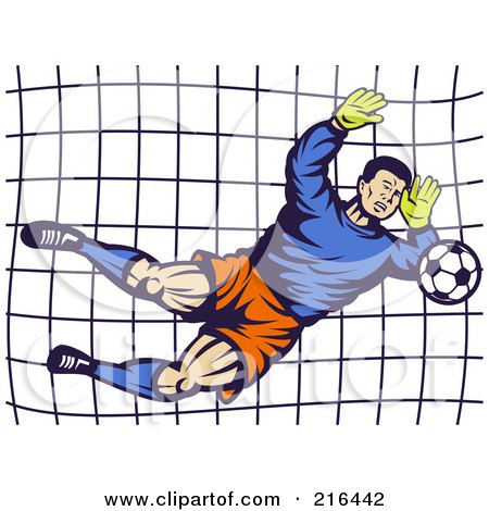 Royalty-Free (RF) Clipart Illustration of a Retro Soccer Goalie Blocking A Ball by patrimonio