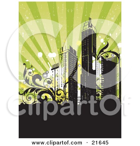 Clipart Illustration of a Retro-Revival Background With City Skyscrapers With Vines, Over Black And Green by OnFocusMedia