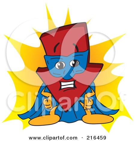 Royalty-Free (RF) Clipart Illustration of a Red Down Arrow Character Mascot Super Hero by Mascot Junction
