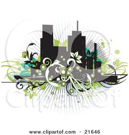 Clipart Illustration of Flowering Green, Black And White Vines In Front Of City Skyscrapers On A White Background by OnFocusMedia