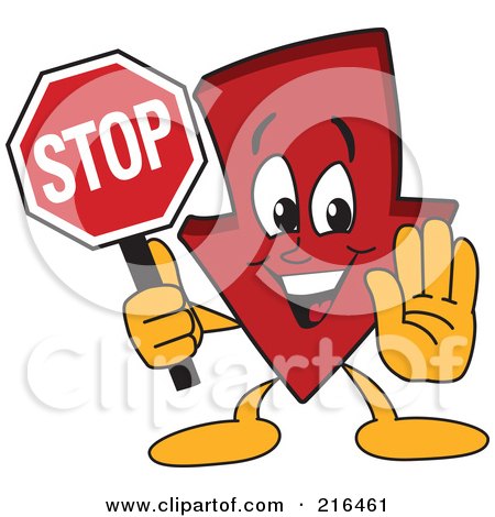 Royalty-Free (RF) Clipart Illustration of a Red Down Arrow Character Mascot Holding A Stop Sign by Mascot Junction