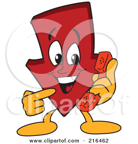 Royalty-Free (RF) Clipart Illustration of a Red Down Arrow Character Mascot Using A Telephone by Mascot Junction