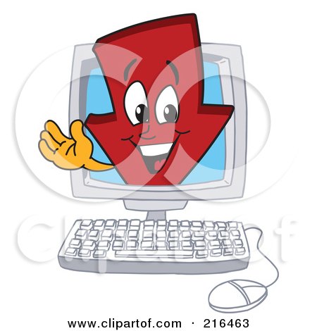 Royalty-Free (RF) Clipart Illustration of a Red Down Arrow Character Mascot In A Computer by Mascot Junction