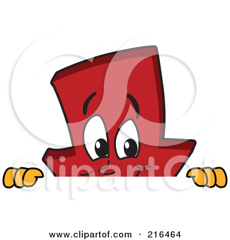 Royalty-Free (RF) Clipart Illustration of a Red Down Arrow Character Mascot Looking Over A Blank Sign by Mascot Junction