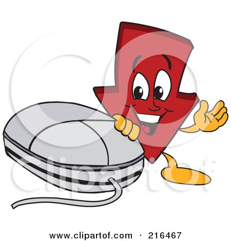 Royalty-Free (RF) Clipart Illustration of a Red Down Arrow Character Mascot By A Computer Mouse by Mascot Junction