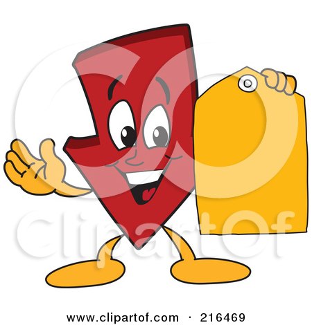 Royalty-Free (RF) Clipart Illustration of a Red Down Arrow Character Mascot Holding A Yellow Tag by Mascot Junction