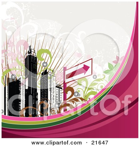 Clipart Illustration of a City Skyline With An Arrow Sign, Scrols And Waves by OnFocusMedia
