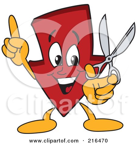 Royalty-Free (RF) Clipart Illustration of a Red Down Arrow Character Mascot Holding Scissors by Mascot Junction