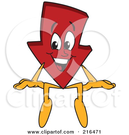 Royalty-Free (RF) Clipart Illustration of a Red Down Arrow Character Mascot Sitting On A Blank Sign by Mascot Junction