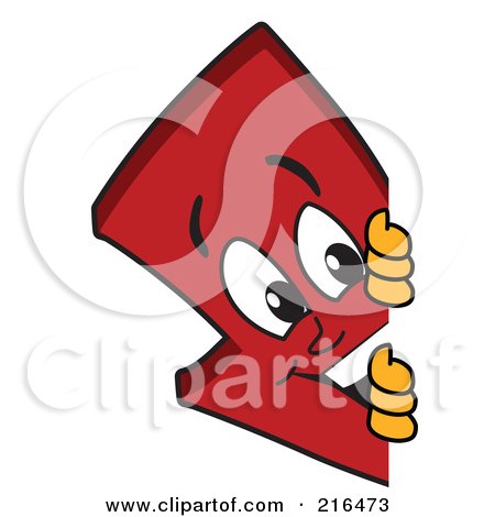 Royalty-Free (RF) Clipart Illustration of a Red Down Arrow Character Mascot Looking Around A Blank Sign by Mascot Junction