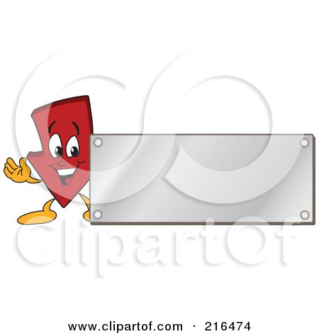 Royalty-Free (RF) Clipart Illustration of a Red Down Arrow Character Logo Mascot With A Silver Plaque Sign by Mascot Junction