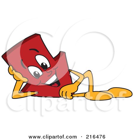 Royalty-Free (RF) Clipart Illustration of a Red Down Arrow Character Mascot Reclined by Mascot Junction