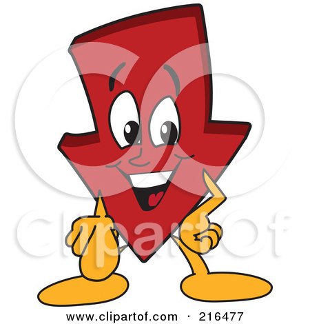 Royalty-Free (RF) Clipart Illustration of a Red Down Arrow Character Mascot Pointing Outwards by Mascot Junction