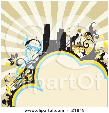 Clipart Illustration of a Retro Background With City Buildings Silhouetted Against A Sunburst, Surrounded By Floral Vines, With Room For Text At The Bottom by OnFocusMedia