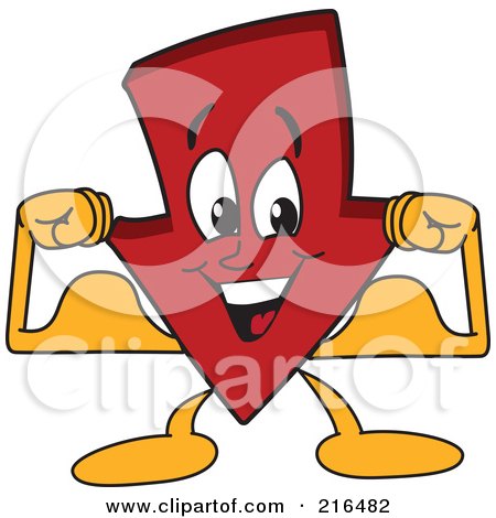 Royalty-Free (RF) Clipart Illustration of a Red Down Arrow Character Mascot Flexing by Mascot Junction