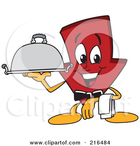 Royalty-Free (RF) Clipart Illustration of a Red Down Arrow Character Mascot Serving A Platter by Mascot Junction