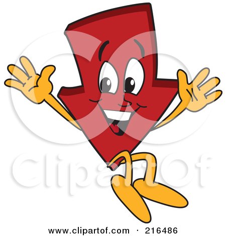 Royalty-Free (RF) Clipart Illustration of a Red Down Arrow Character Mascot Jumping by Mascot Junction