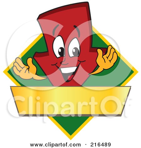Royalty-Free (RF) Clipart Illustration of a Red Down Arrow Character Logo Mascot On A Green Diamond With A Gold Banner by Mascot Junction