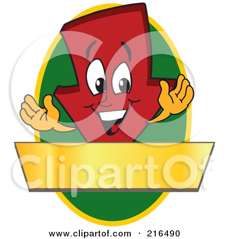 Royalty-Free (RF) Clipart Illustration of a Red Down Arrow Character Logo Mascot On A Green Oval With A Gold Banner by Mascot Junction