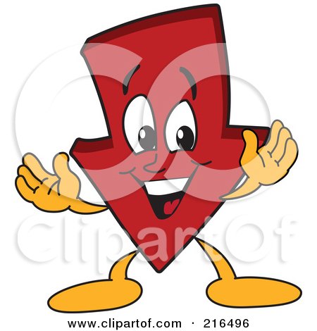 Royalty-Free (RF) Clipart Illustration of a Red Down Arrow Character Mascot by Mascot Junction