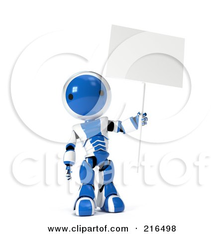 Royalty-Free (RF) Clipart Illustration of a 3d Blue And White Ao-Maru Robot Holding Up A Blank Sign On A Pole, On A White Background by Leo Blanchette