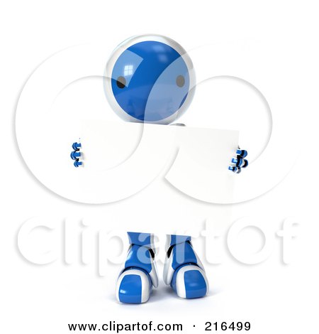 Royalty-Free (RF) Clipart Illustration of a 3d Blue And White Ao-Maru Robot Carrying A Blank Sign, On A White Background by Leo Blanchette