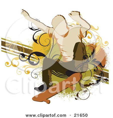 Clipart Picture Illustration of a Man Holding His Arms Up And Bending His Keens While Skateboarding, Over A Vine Scroll And Line Grunge Background by OnFocusMedia