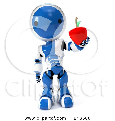 Royalty-Free (RF) Clipart Illustration of a 3d Blue And White Ao-Maru Robot Holding Out A Red Apple, On A White Background by Leo Blanchette