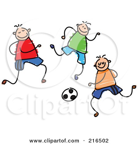 Royalty-Free (RF) Clipart Illustration of a Childs Sketch Of A Group Of Boys Playing Soccer by Prawny