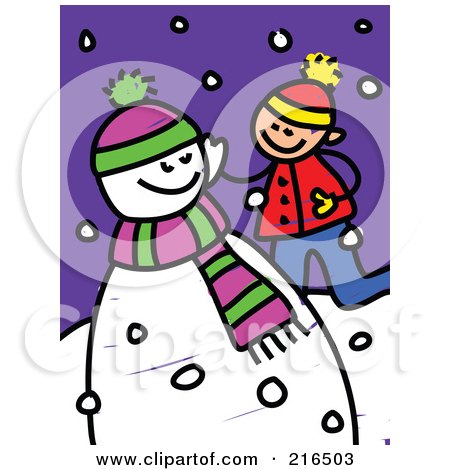Royalty-Free (RF) Clipart Illustration of a Childs Sketch Of A Boy Playing By A Snowman by Prawny