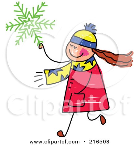 Royalty-Free (RF) Clipart Illustration of a Childs Sketch Of A Girl Carrying A Green Snowflake by Prawny