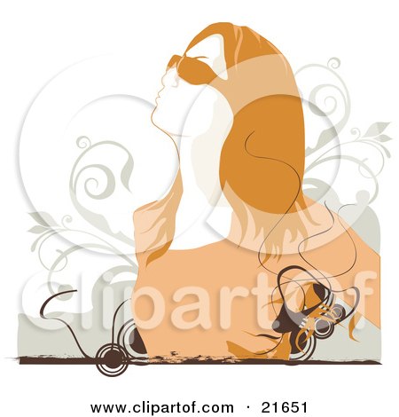 Clipart Picture Illustration of a Redhead Woman Wearing Shades, Looking Up At The Sun, Over A Scroll Background On White by OnFocusMedia