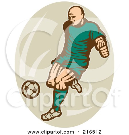 Royalty-Free (RF) Clipart Illustration of a Retro Soccer Player Over A Beige Oval by patrimonio